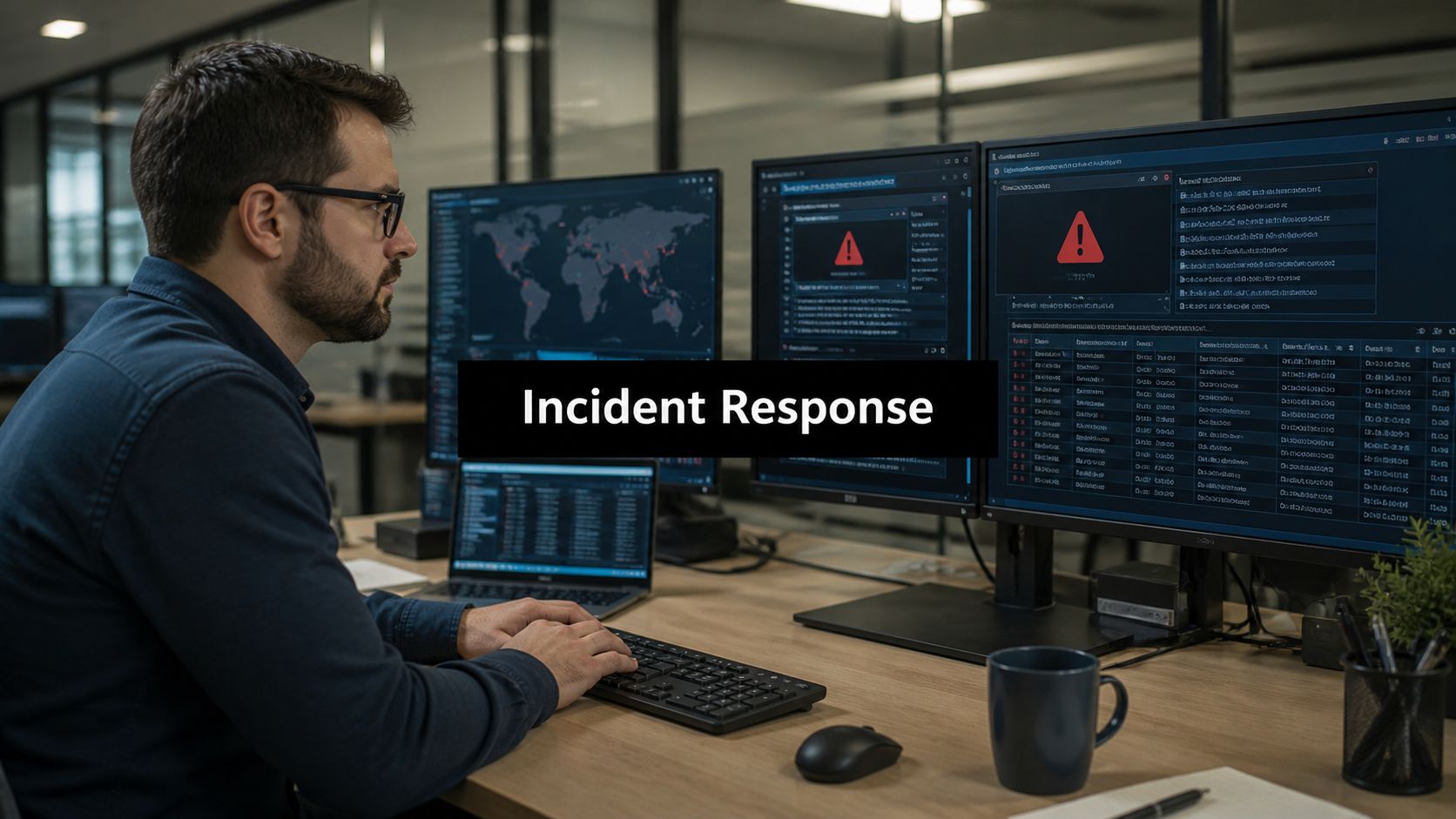 Man wearing glasses works at a multi-monitor desk setup with a bold 'Incident Response' banner across the screen.