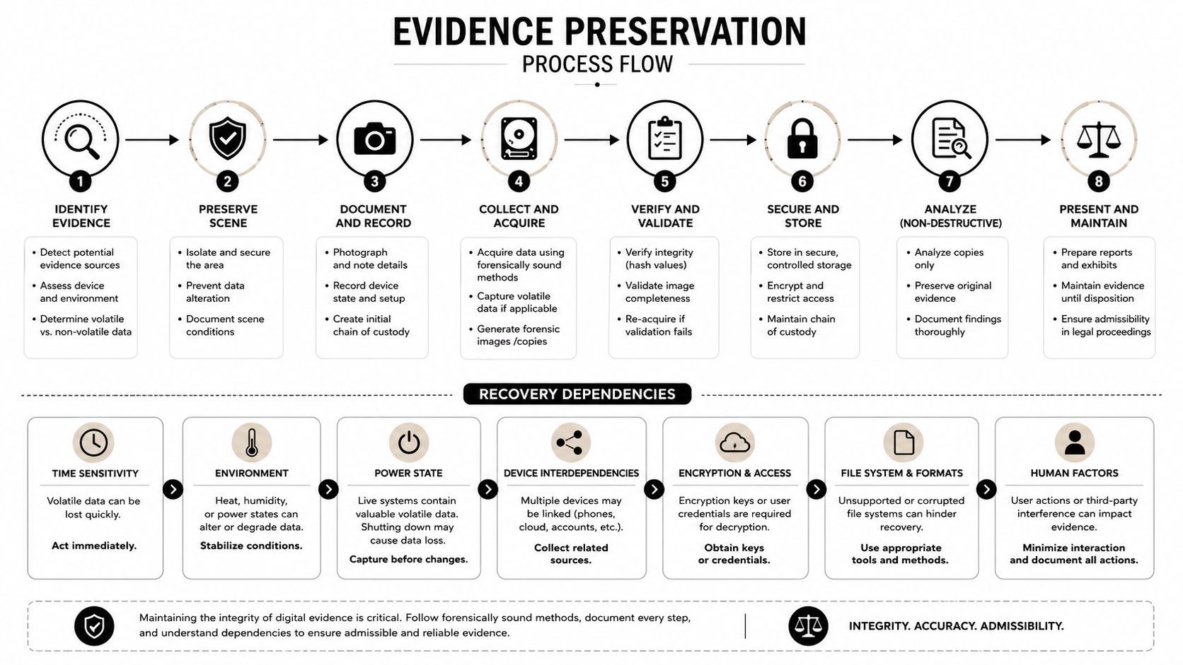 A diagram illustrating the eight-step digital evidence preservation process flow and key recovery dependencies for incident response.