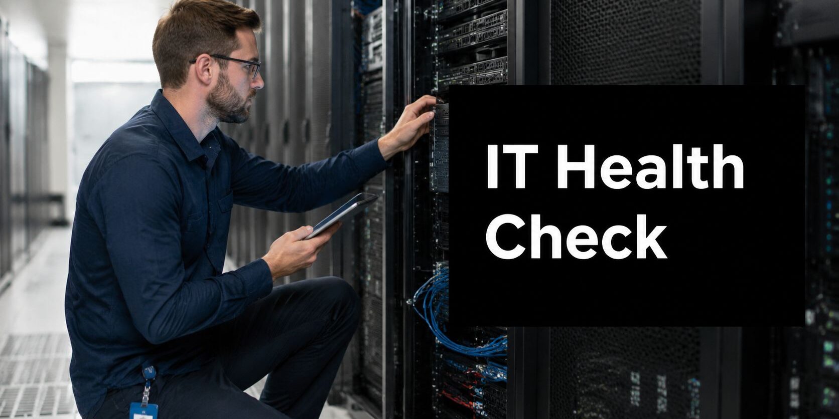IT professional checks server equipment in a data center, holding a tablet and inspecting rack-mounted hardware under a bold 'IT Health Check' overlay.