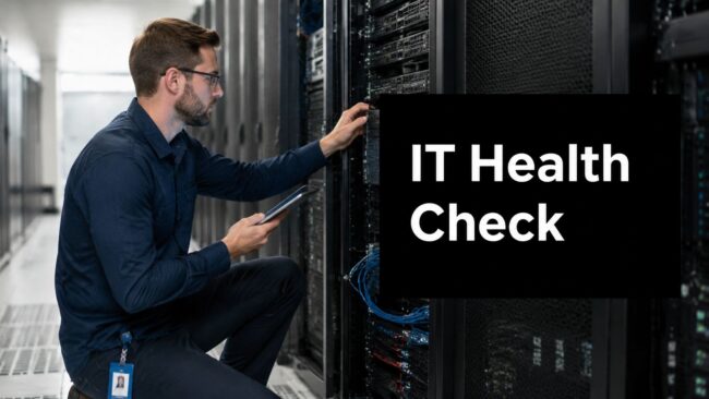 IT professional checks server equipment in a data center, holding a tablet and inspecting rack-mounted hardware under a bold 'IT Health Check' overlay.