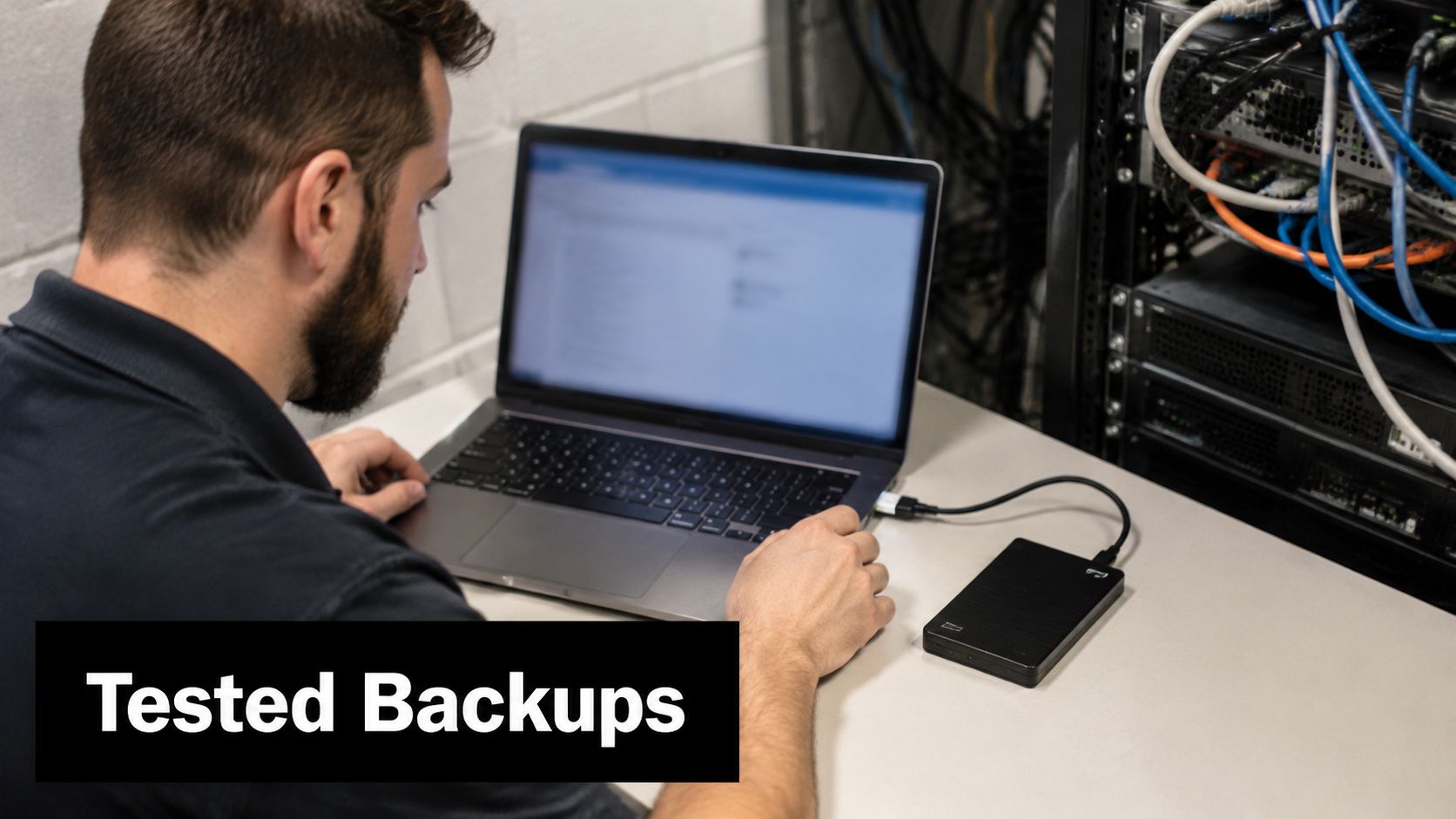 An IT professional performs a data security check on a laptop connected to an external hard drive.
