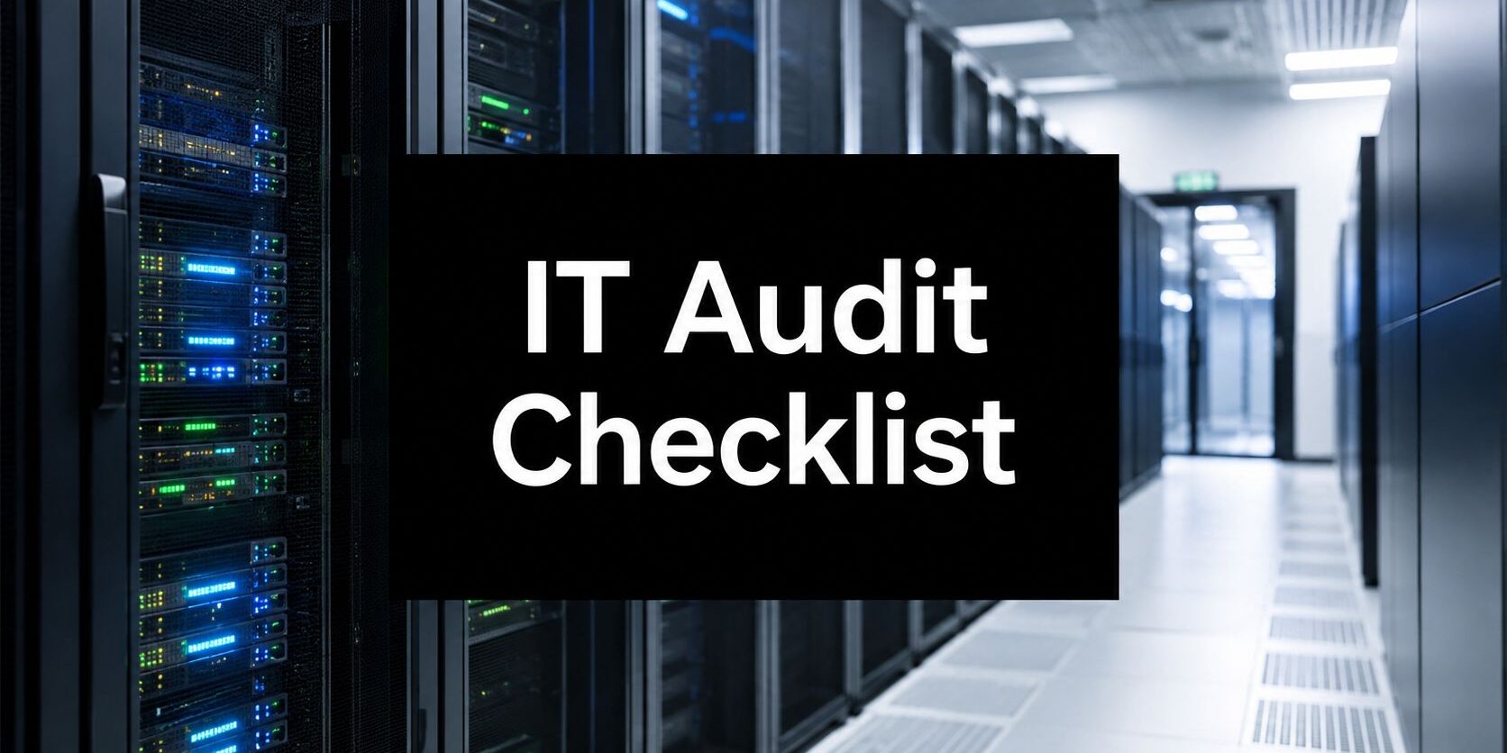 IT Audit Checklist sign displayed over row of server racks in a data center