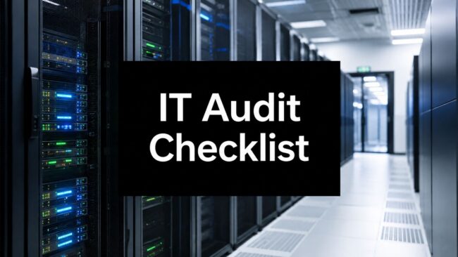 IT Audit Checklist sign displayed over row of server racks in a data center