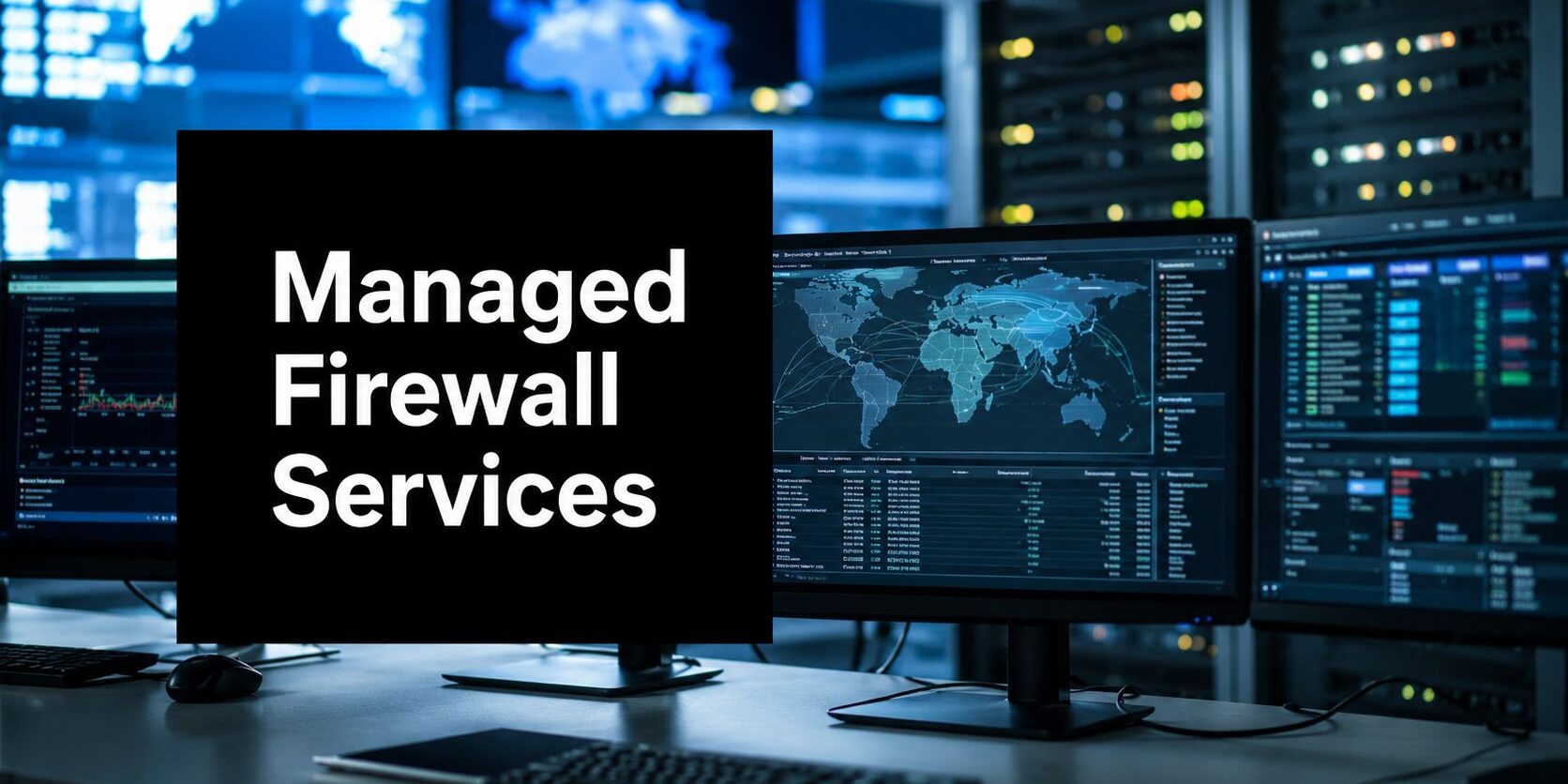 managed-firewall-services-network-monitoring Black sign reading 'Managed Firewall Services' in a data-center control room with multiple monitors showing maps and charts nearby.