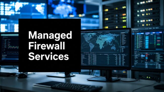 managed-firewall-services-network-monitoring Black sign reading 'Managed Firewall Services' in a data-center control room with multiple monitors showing maps and charts nearby.