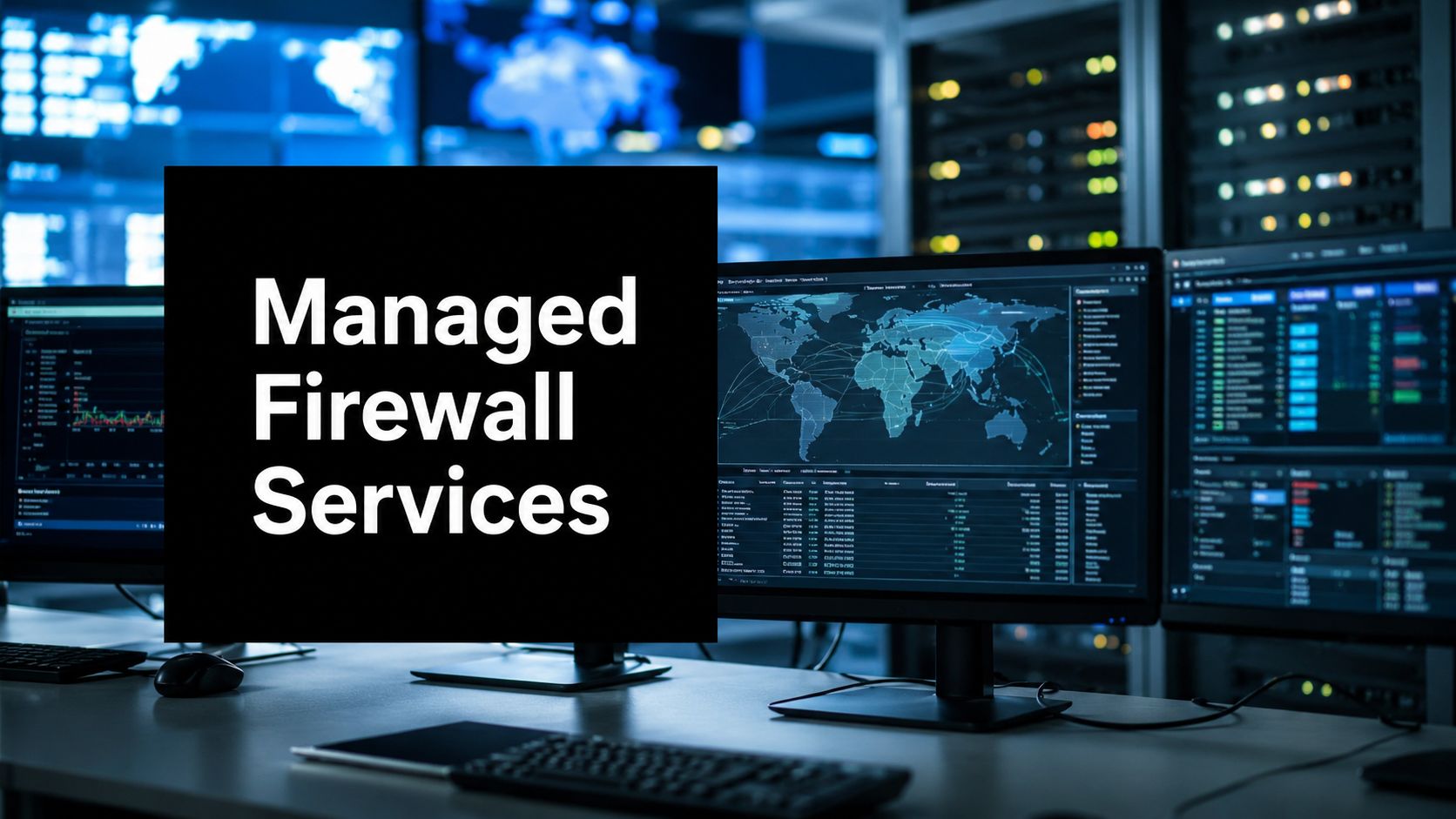 Black sign reading 'Managed Firewall Services' in a data-center control room with multiple monitors showing maps and charts nearby.