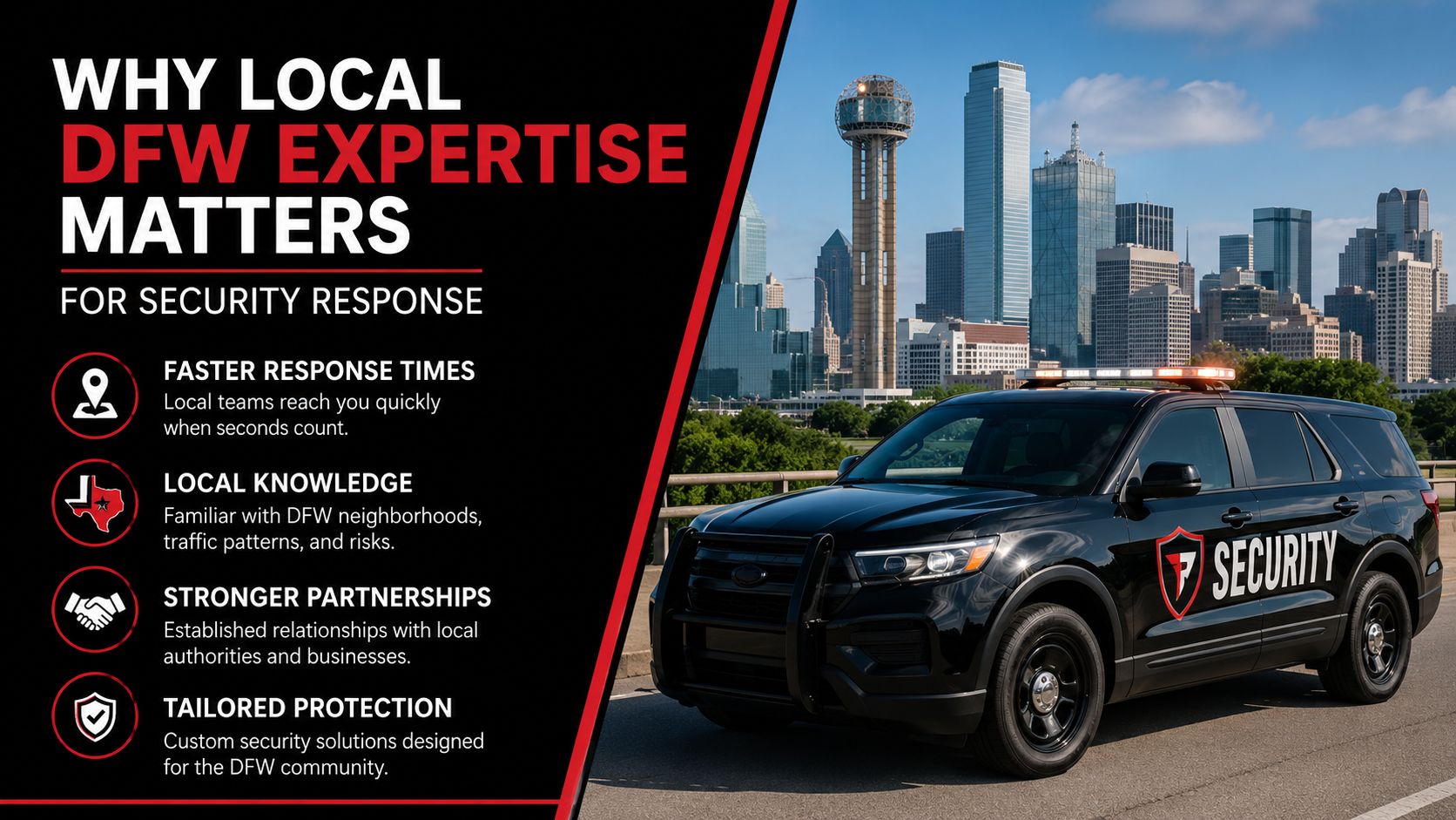 A professional security vehicle driving with the Dallas skyline in the background to emphasize local DFW security expertise.