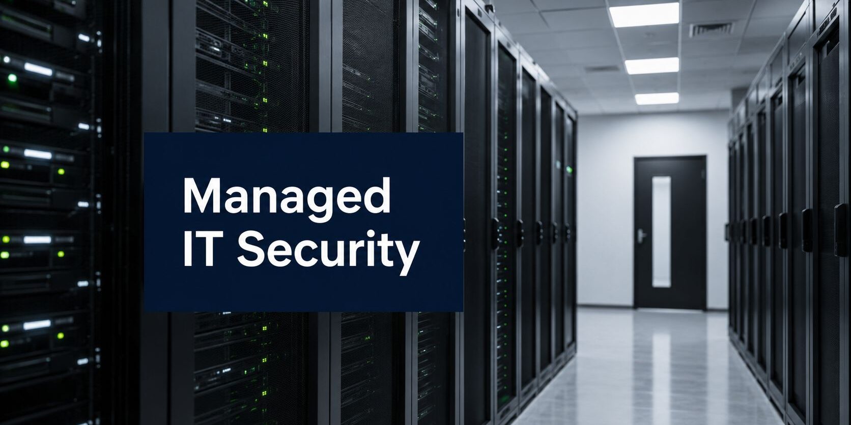 Data center aisle with tall server racks and a navy sign reading 'Managed IT Security' in the foreground.