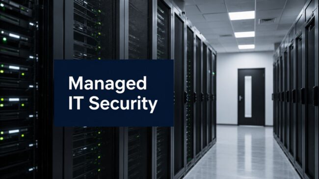 managed-it-security-services-server-room Data center aisle with tall server racks and a navy sign reading 'Managed IT Security' in the foreground.