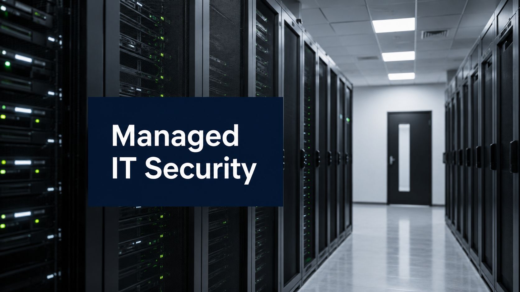 Data center aisle with tall server racks and a navy sign reading 'Managed IT Security' in the foreground.