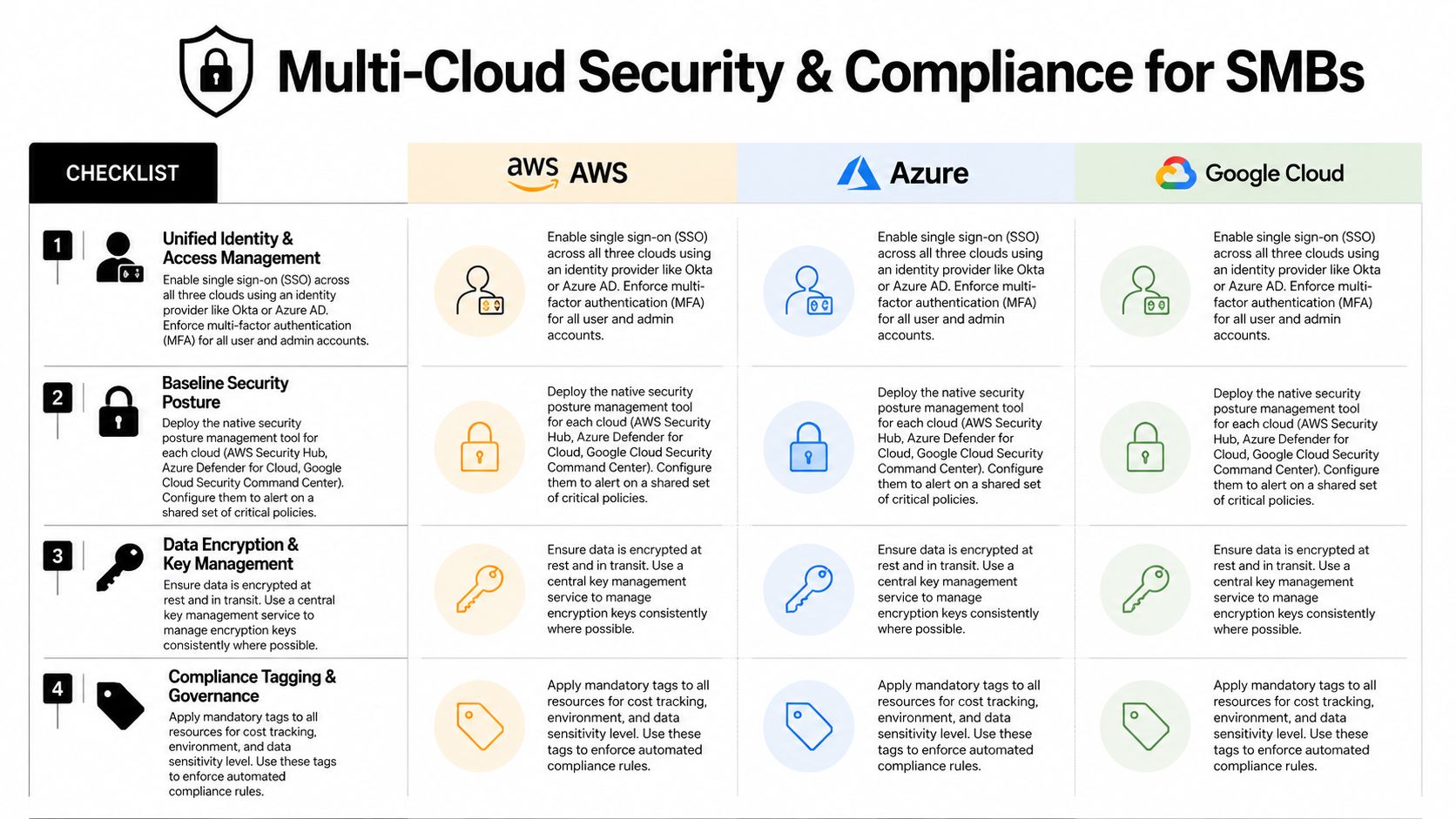 A checklist table detailing multi-cloud security and compliance best practices for small and medium businesses.
