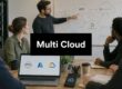 Team of five in a meeting room review a cloud-diagram on a whiteboard labeled Multi Cloud.