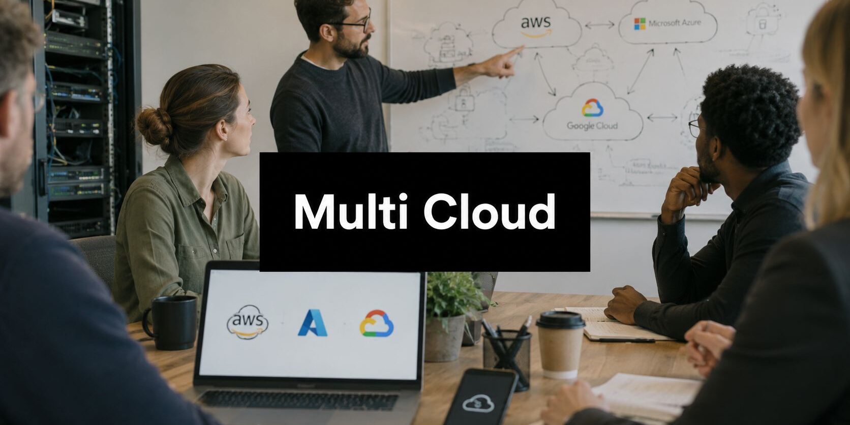 multi-cloud-strategy-team-collaboration Team of five in a meeting room review a cloud-diagram on a whiteboard labeled Multi Cloud.