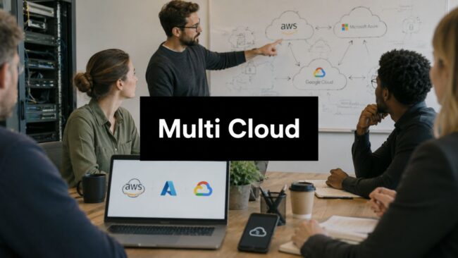 multi-cloud-strategy-team-collaboration Team of five in a meeting room review a cloud-diagram on a whiteboard labeled Multi Cloud.