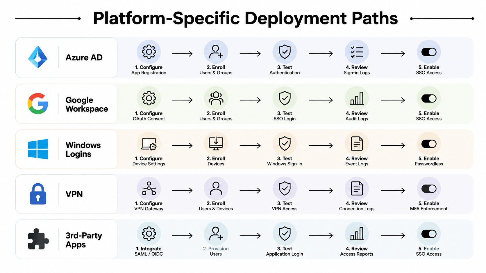 A diagram illustrating five distinct platform-specific deployment paths for multi-factor authentication setup across different IT systems.
