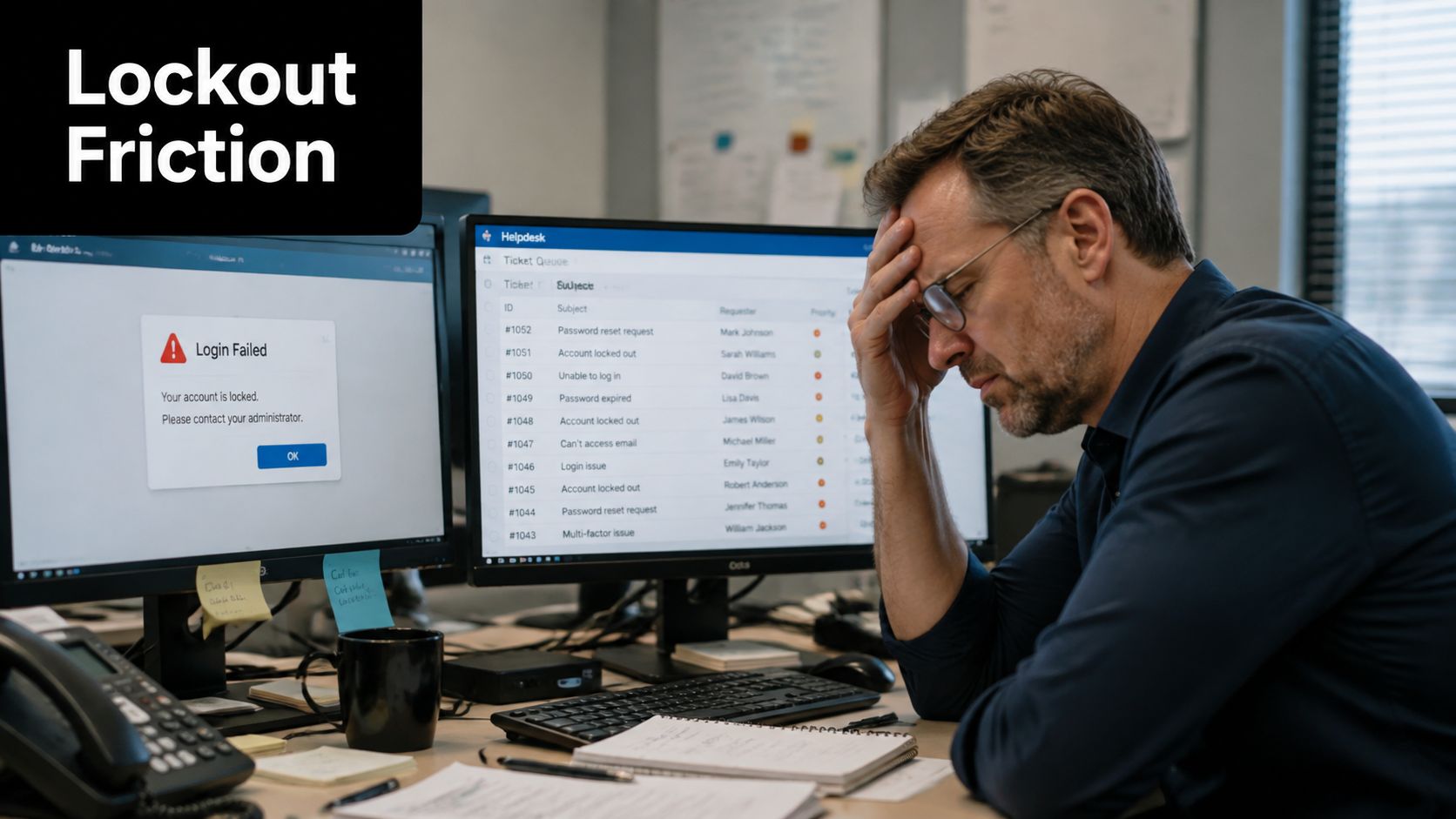 A stressed IT professional sits at a desk with computer screens showing multiple user account lockout tickets.