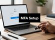 Laptop on a desk showing a sign-in screen with an MFA Setup banner overlaying the page.