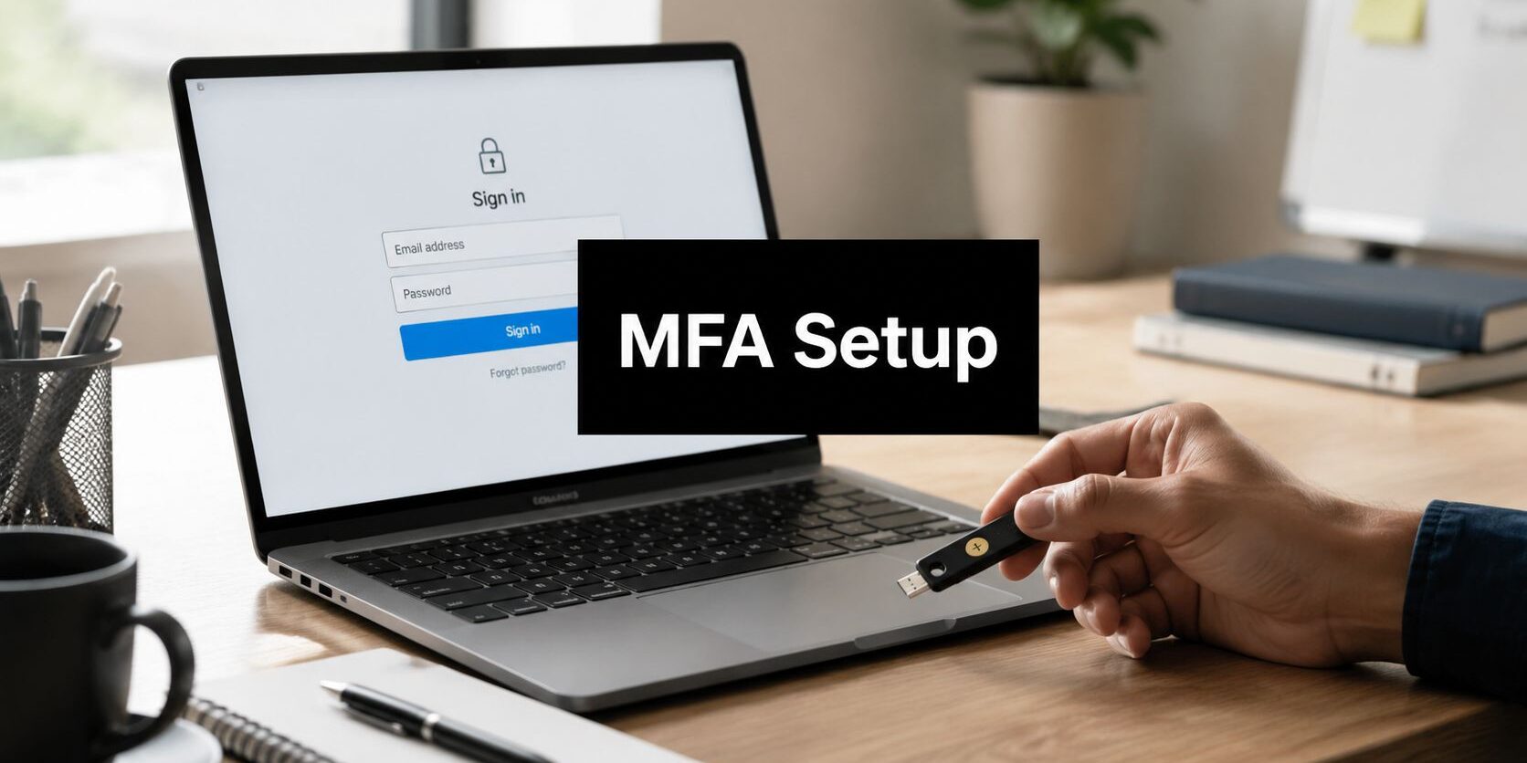 multi-factor-authentication-setup-security-key Laptop on a desk showing a sign-in screen with an MFA Setup banner overlaying the page.
