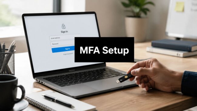 multi-factor-authentication-setup-security-key Laptop on a desk showing a sign-in screen with an MFA Setup banner overlaying the page.
