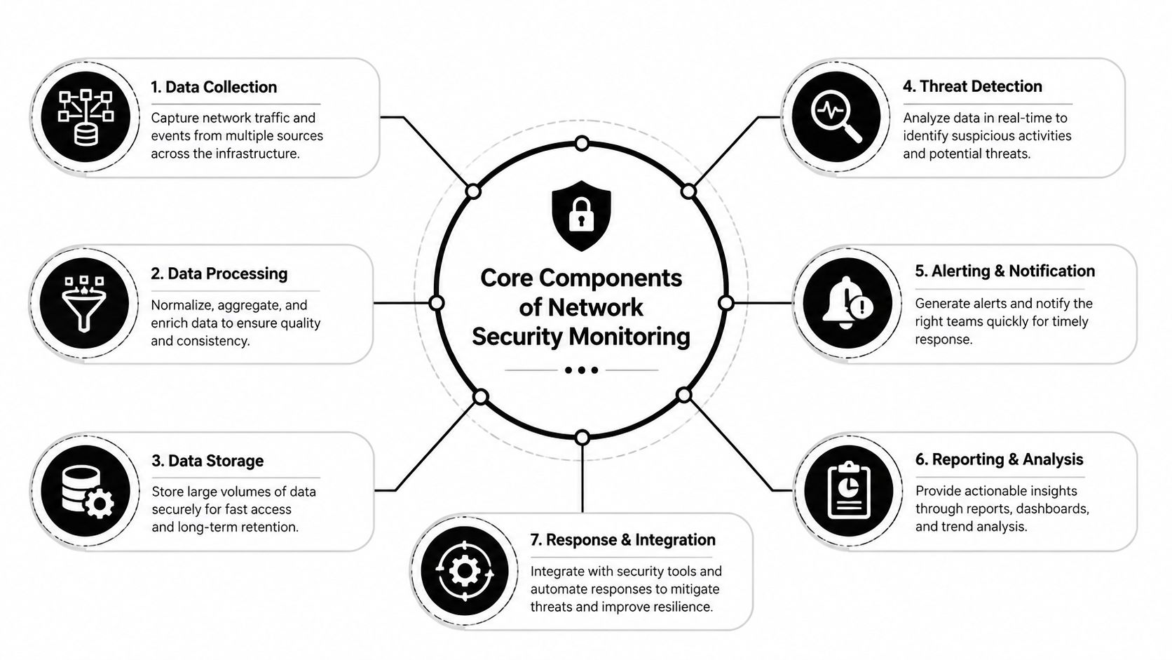 A diagram outlining the seven core components of network security monitoring, from data collection to response.