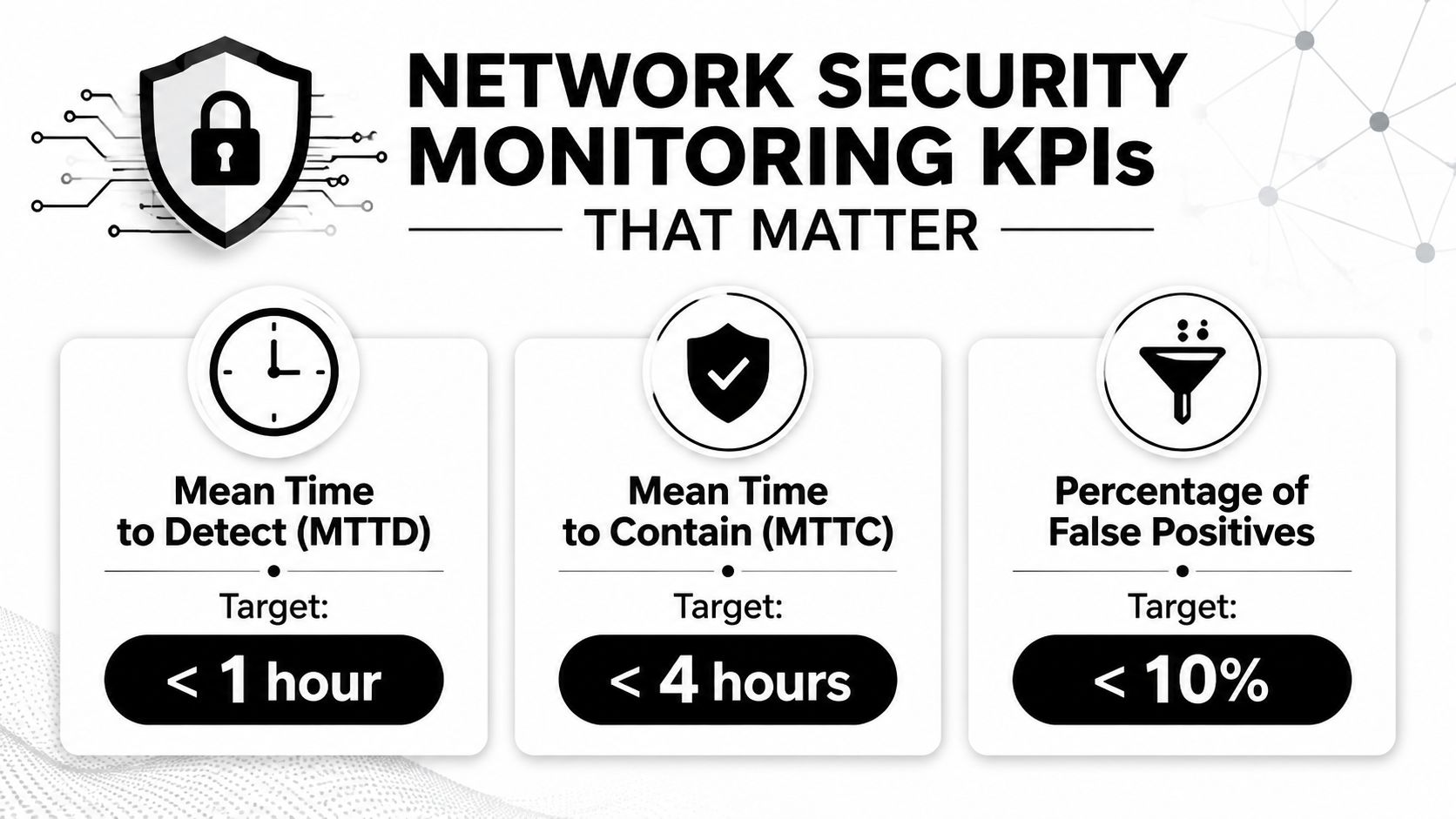 An infographic detailing three essential network security monitoring KPIs with target metrics for detection, containment, and false positives.