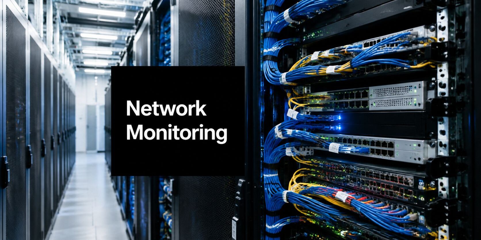 Data center with server racks and blue network cables; a black sign reads 'Network Monitoring'.