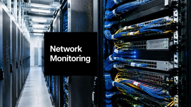 network-security-monitoring-network-cables Data center with server racks and blue network cables; a black sign reads 'Network Monitoring'.