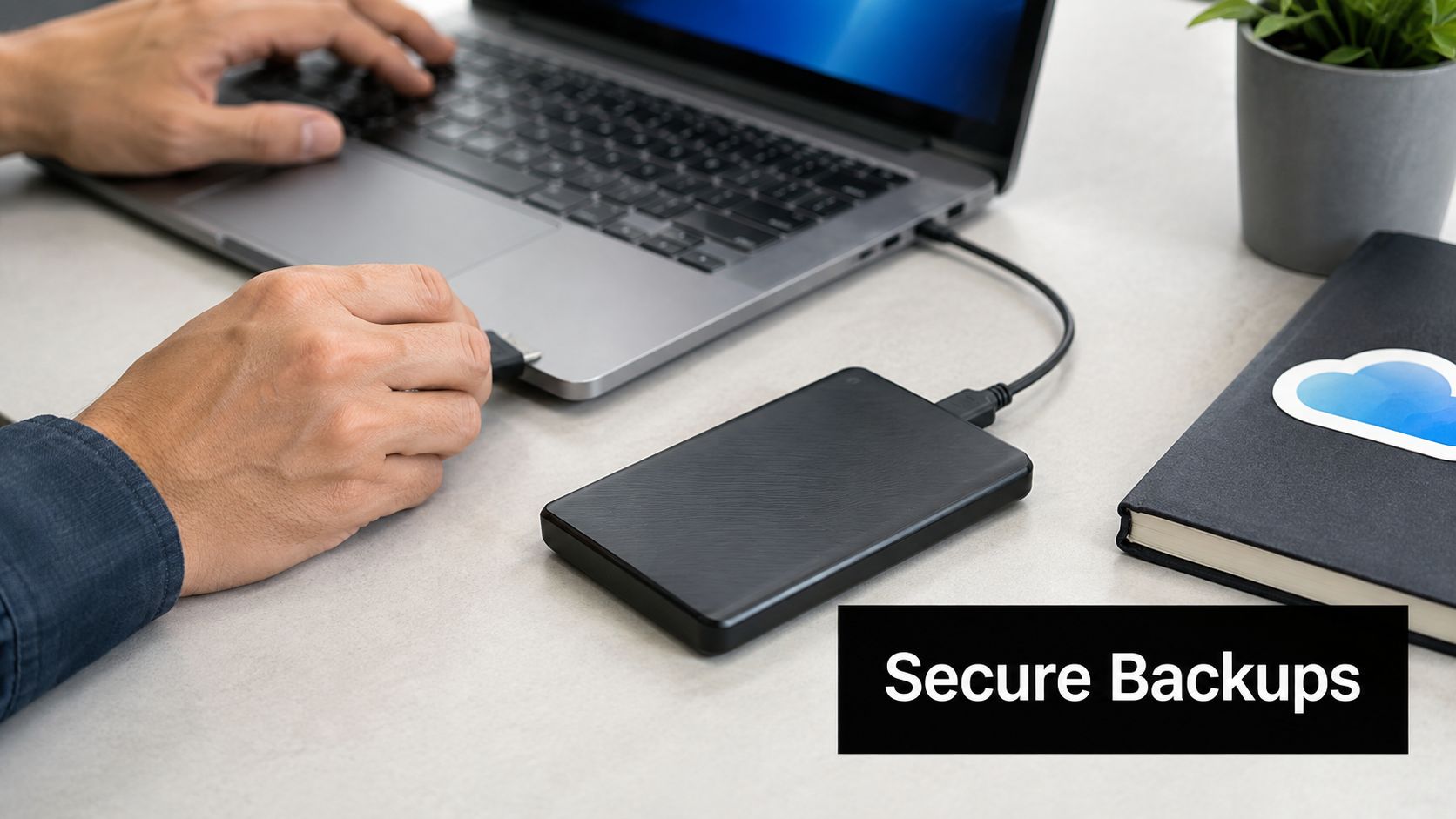 A person connects an external hard drive to a silver laptop to perform secure data backups.