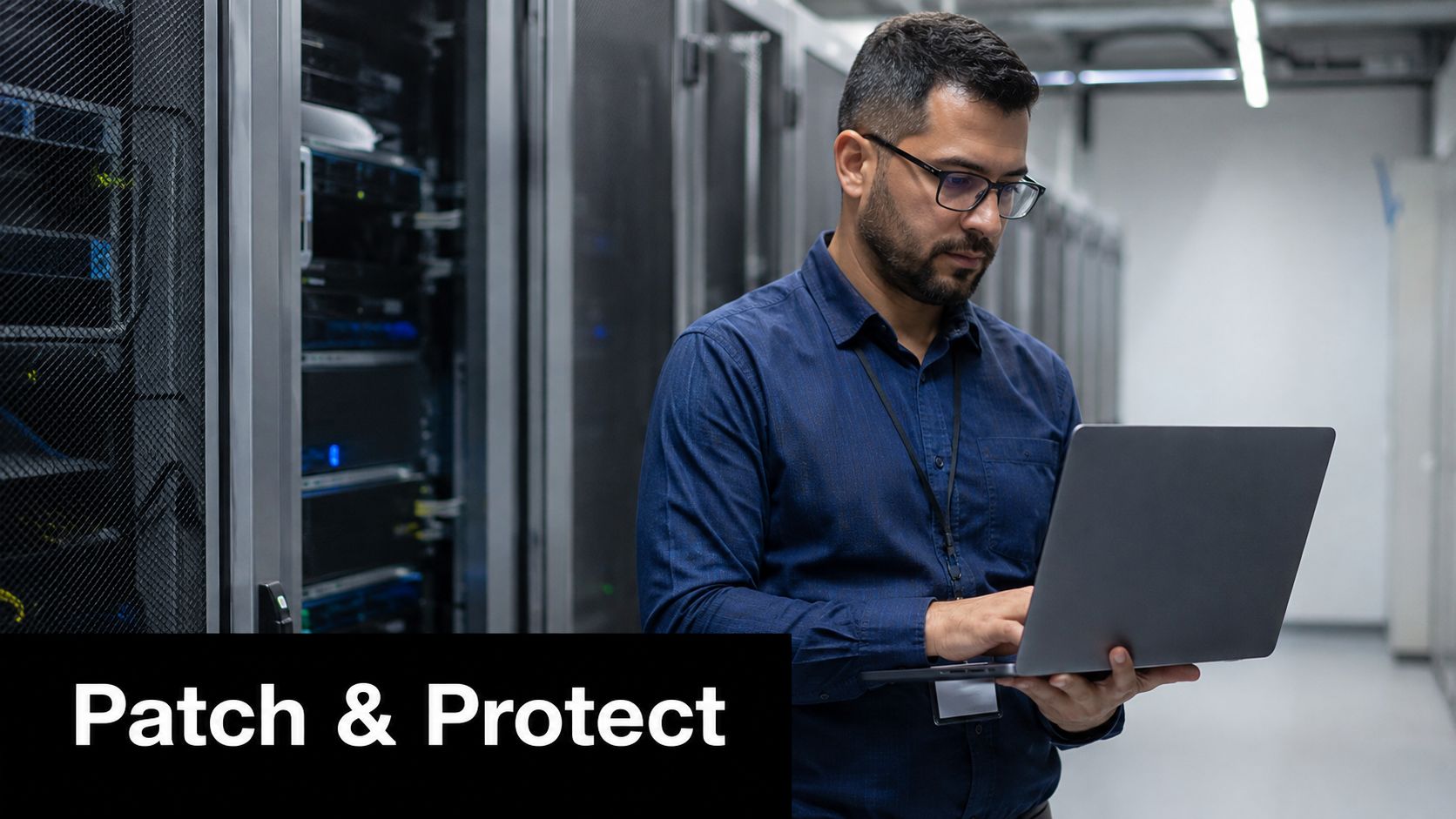 A professional IT technician in a data center working on a laptop to ensure server security.