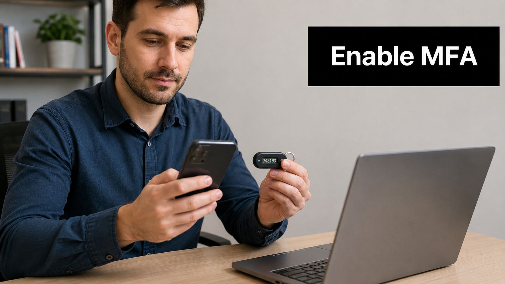 A professional man sitting at a desk while setting up multi-factor authentication on his computer and phone.