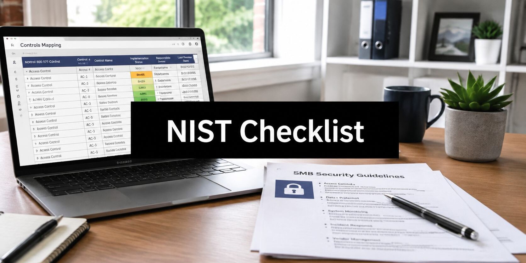 nist-compliance-checklist-security-audit Laptop open to a 'Controls Mapping' spreadsheet with a bold 'NIST Checklist' banner across the screen; a security guidelines document and pen on the desk with a plant nearby.