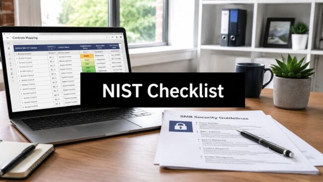 nist-compliance-checklist-security-audit Laptop open to a 'Controls Mapping' spreadsheet with a bold 'NIST Checklist' banner across the screen; a security guidelines document and pen on the desk with a plant nearby.