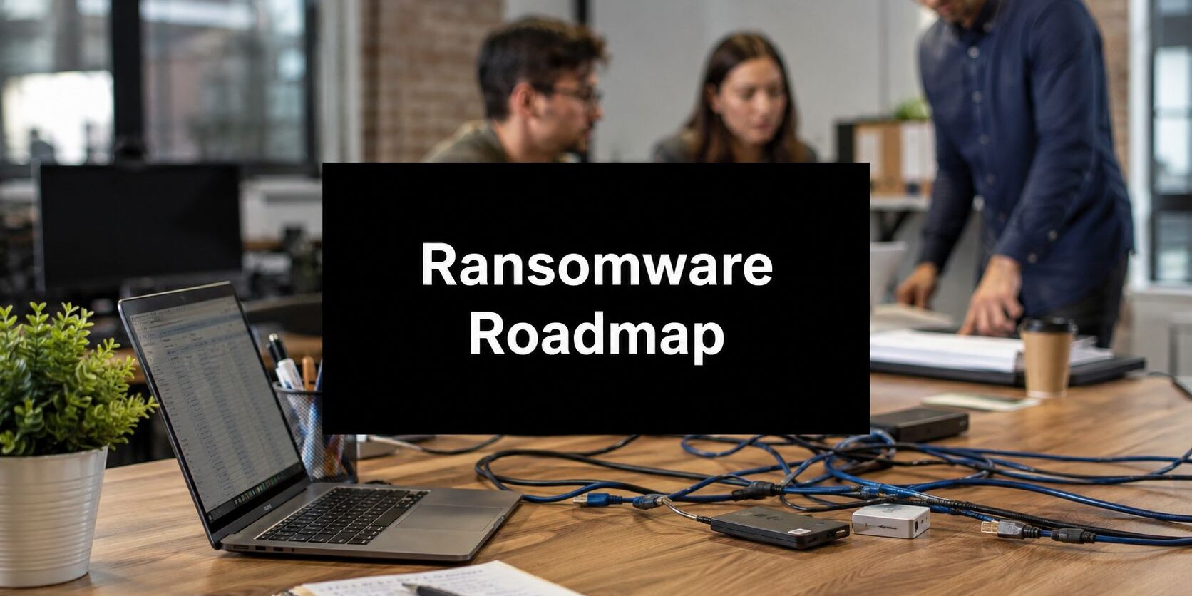 Sign reading 'Ransomware Roadmap' on a workstation with a laptop, cables, and a coffee cup; coworkers discuss in the background.