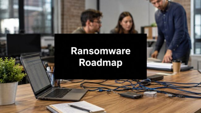 ransomware-protection-for-small-business-ransomware-roadmap Sign reading 'Ransomware Roadmap' on a workstation with a laptop, cables, and a coffee cup; coworkers discuss in the background.