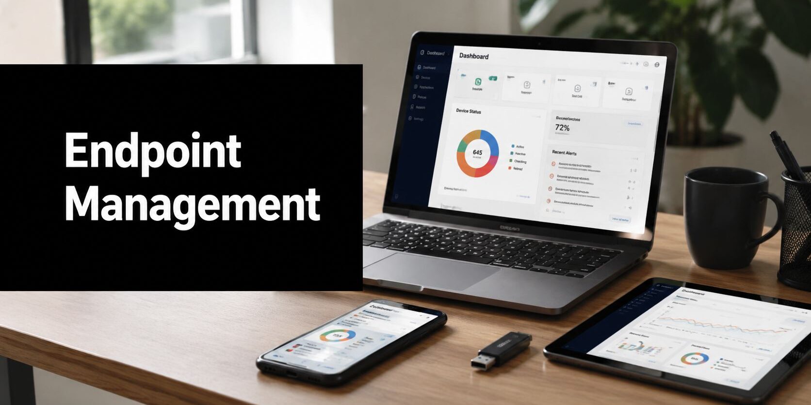 what-is-endpoint-management-dashboard-analytics Banner reading 'Endpoint Management' beside a desk with a laptop and tablet showing analytics dashboards and a smartphone on wood desk.