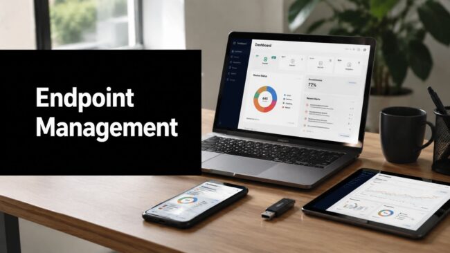 Banner reading 'Endpoint Management' beside a desk with a laptop and tablet showing analytics dashboards and a smartphone on wood desk.