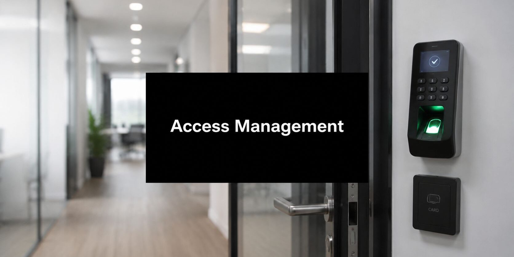 what-is-identity-access-management-biometric-scanner Office hallway with a glass door and a black 'Access Management' sign; a keypad and green-lit card reader on the wall beside the door.