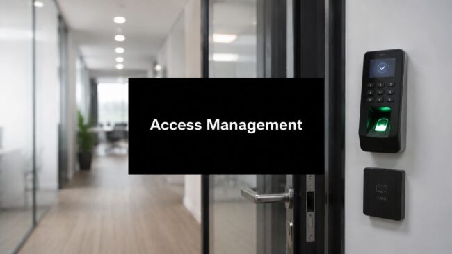 what-is-identity-access-management-biometric-scanner Office hallway with a glass door and a black 'Access Management' sign; a keypad and green-lit card reader on the wall beside the door.