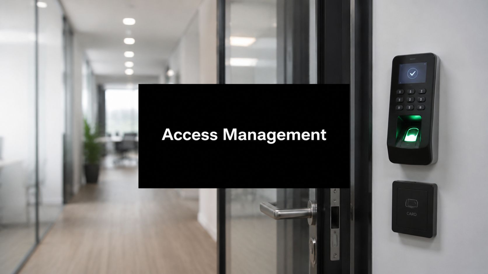 Office hallway with a glass door and a black 'Access Management' sign; a keypad and green-lit card reader on the wall beside the door.