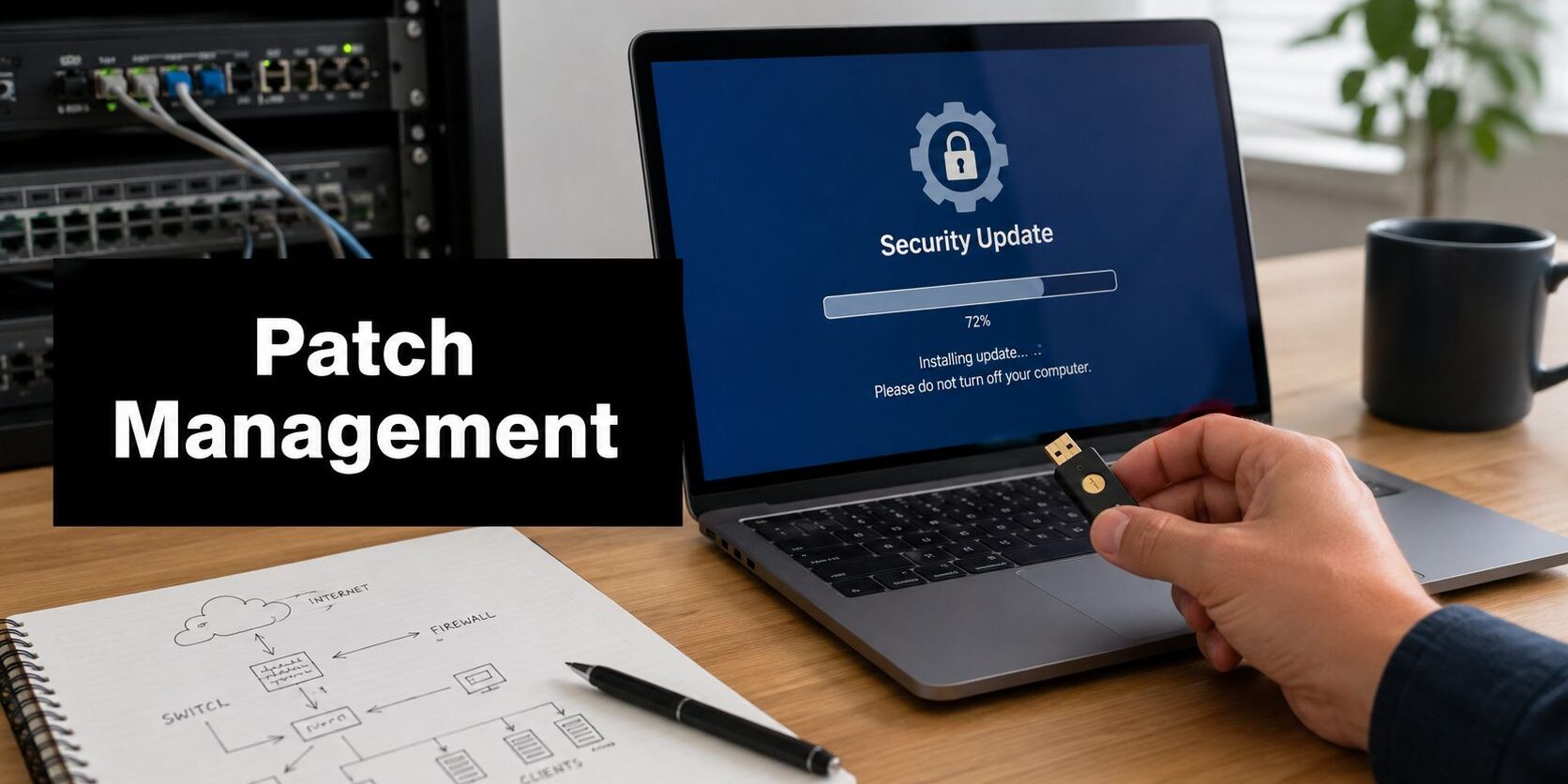 Laptop screen shows 'Security Update' progress while a hand holds a USB drive; 'Patch Management' sign on the desk.