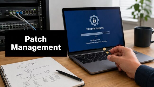 what-is-patch-management-security-update Laptop screen shows 'Security Update' progress while a hand holds a USB drive; 'Patch Management' sign on the desk.