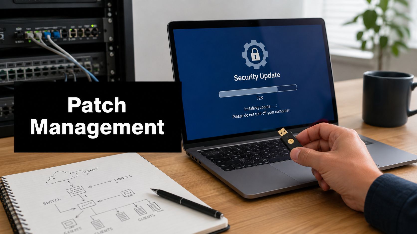 Laptop screen shows 'Security Update' progress while a hand holds a USB drive; 'Patch Management' sign on the desk.