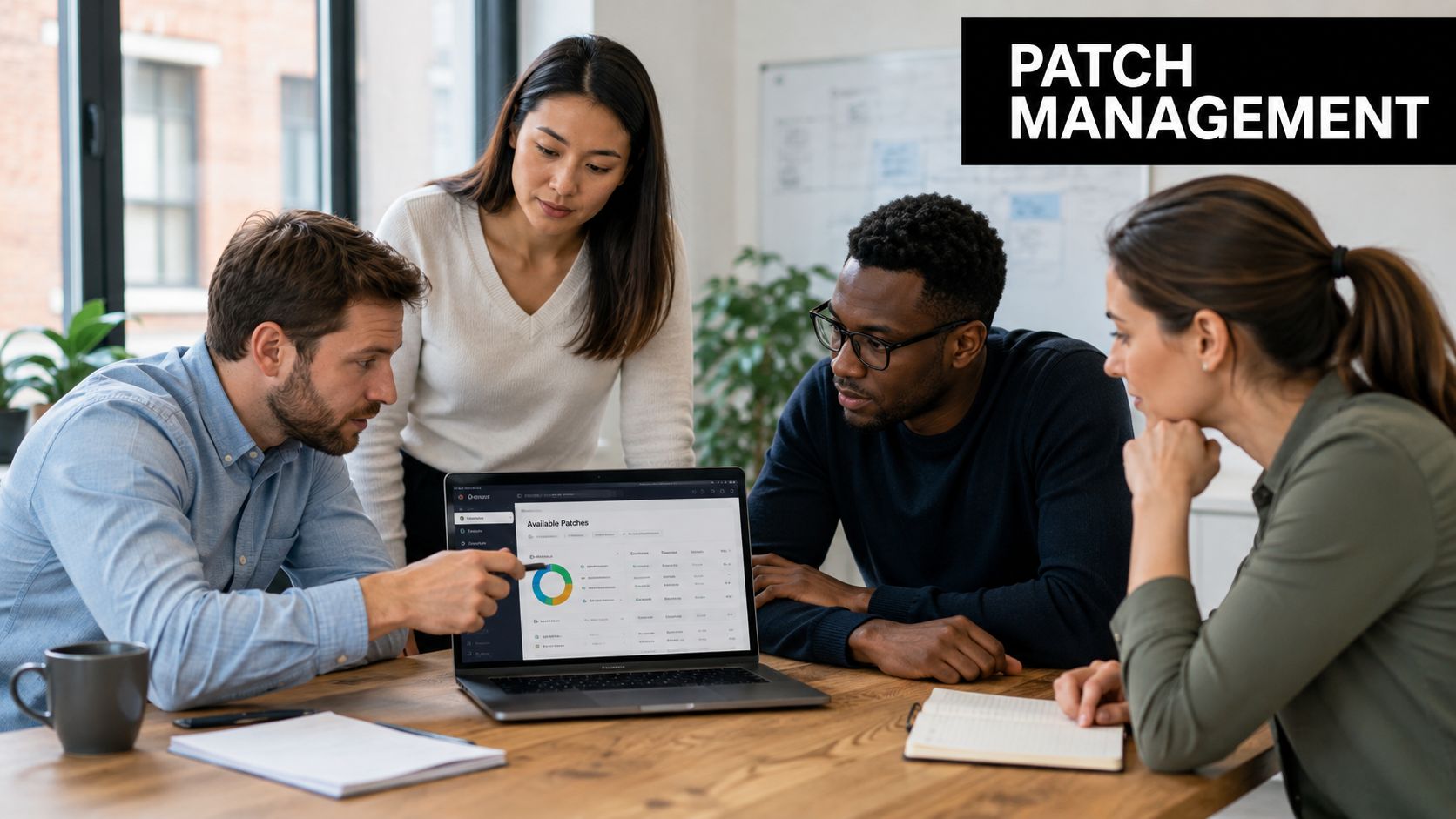 A diverse team of professionals collaborating around a laptop to discuss patch management software in an office.