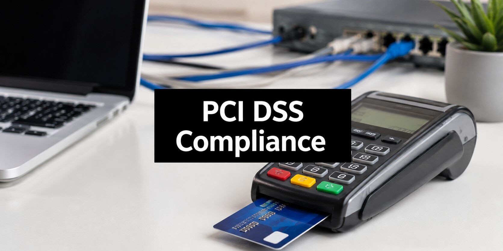 what-is-pci-dss-compliance-payment-terminal Payment terminal with a credit card inserted on a desk, overlaid with 'PCI DSS Compliance' text (informing security compliance in payments).