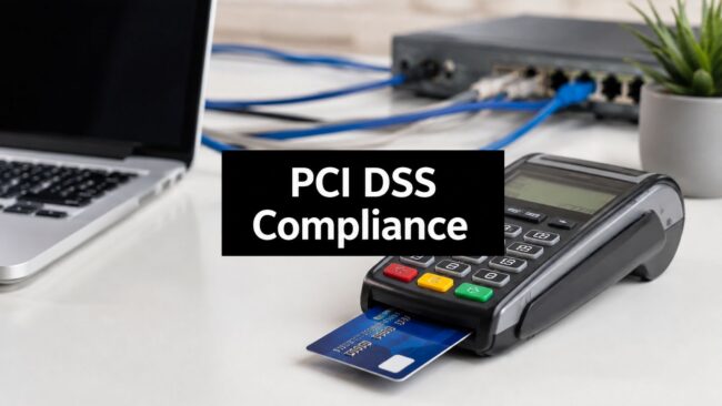 what-is-pci-dss-compliance-payment-terminal Payment terminal with a credit card inserted on a desk, overlaid with 'PCI DSS Compliance' text (informing security compliance in payments).