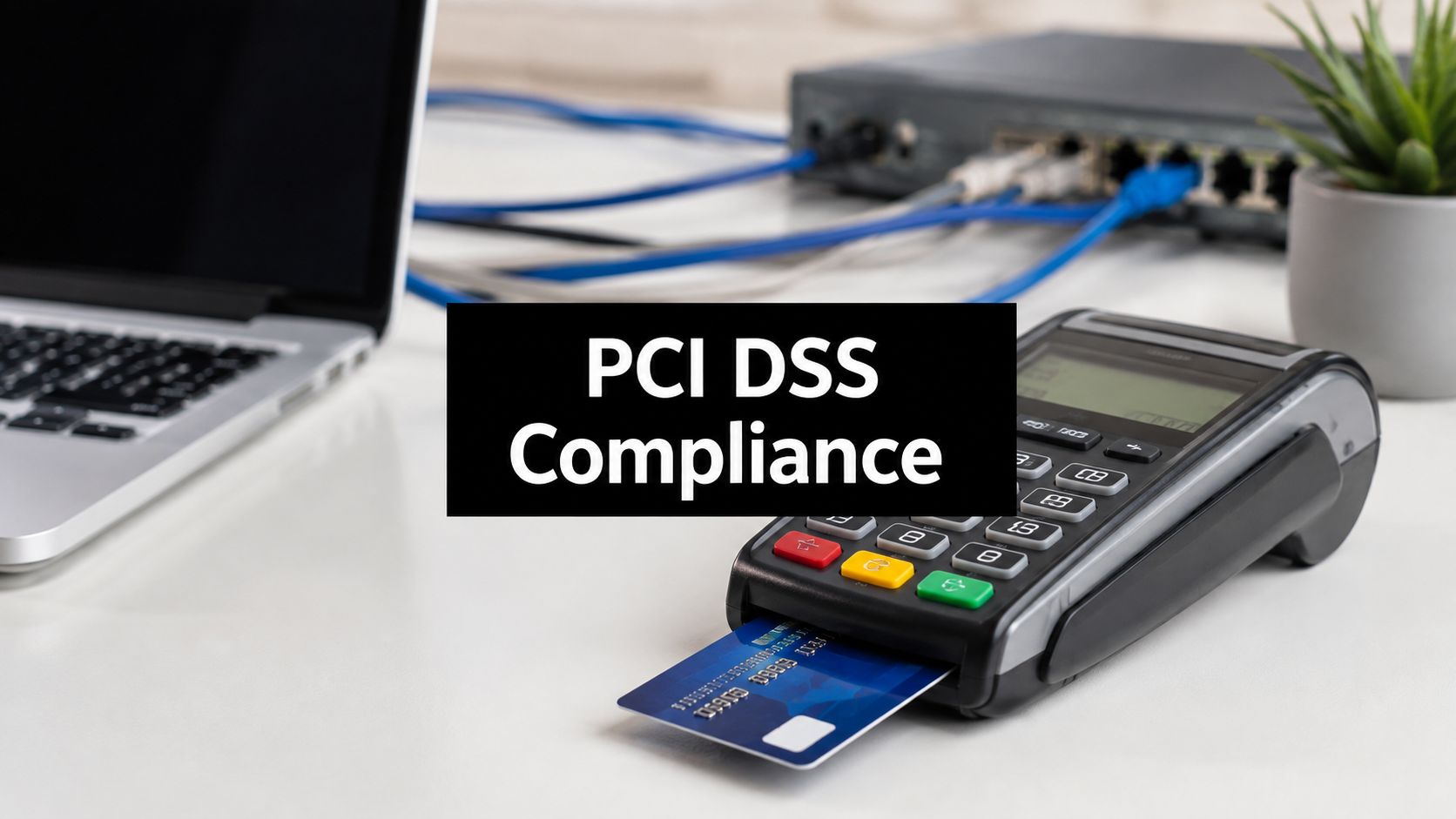 Payment terminal with a credit card inserted on a desk, overlaid with 'PCI DSS Compliance' text (informing security compliance in payments).