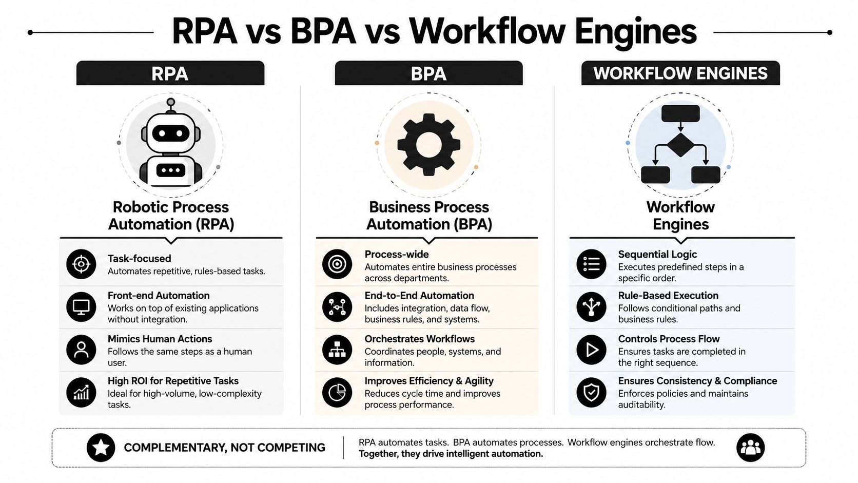 A comparative chart illustrating the differences between Robotic Process Automation, Business Process Automation, and Workflow Engines.