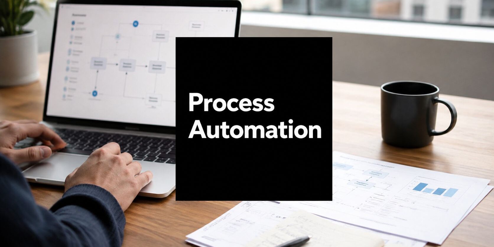 what-is-process-automation-workspace Person typing on a laptop at a desk with a black card reading 'Process Automation' in the foreground.