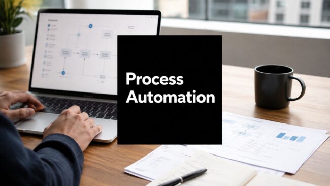 what-is-process-automation-workspace Person typing on a laptop at a desk with a black card reading 'Process Automation' in the foreground.