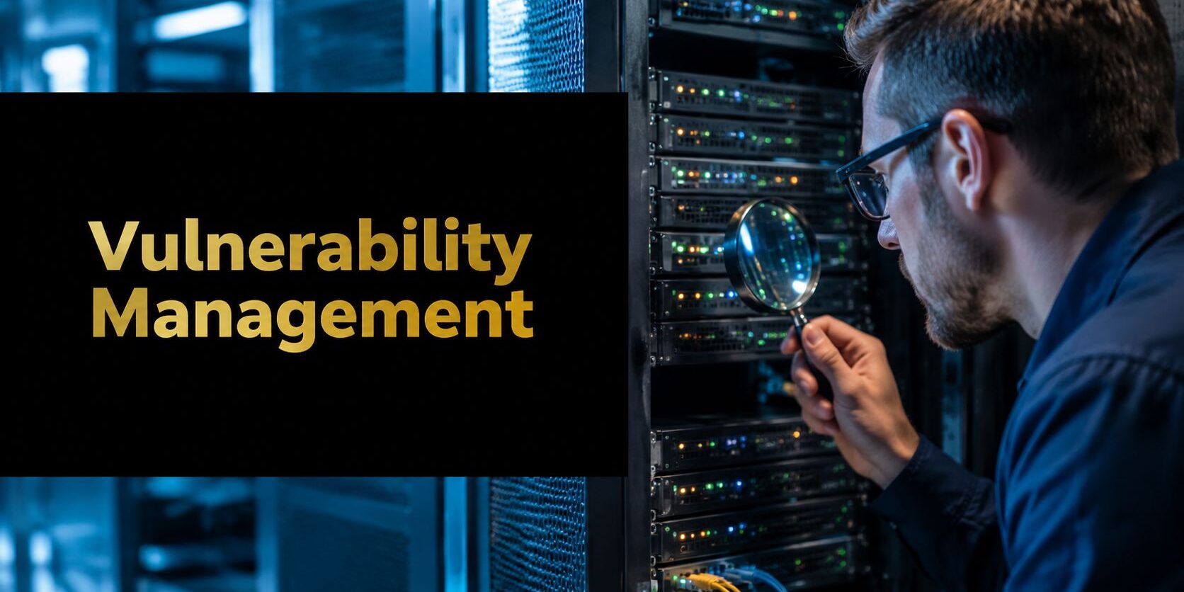 IT professional in a data center inspects a server rack with a magnifying glass near a 'Vulnerability Management' panel.